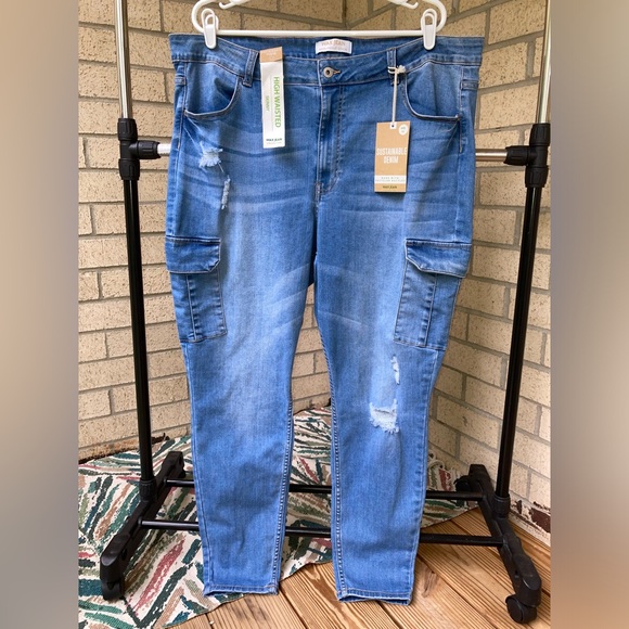 Wax Jeans Blue Denim Cargo Pocket Skinny Jeans Stretchy Cropped Jeans - Picture 7 of 16